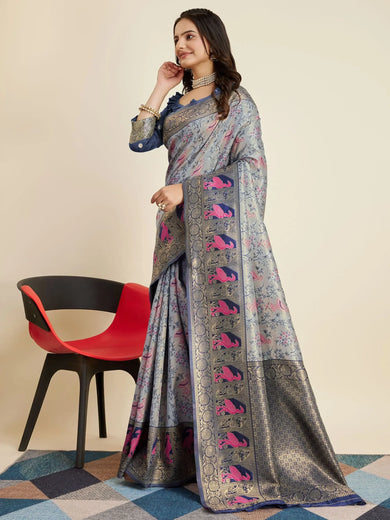 Enchanting Grey Zari Weaving Banarasi Silk Function Wear Saree